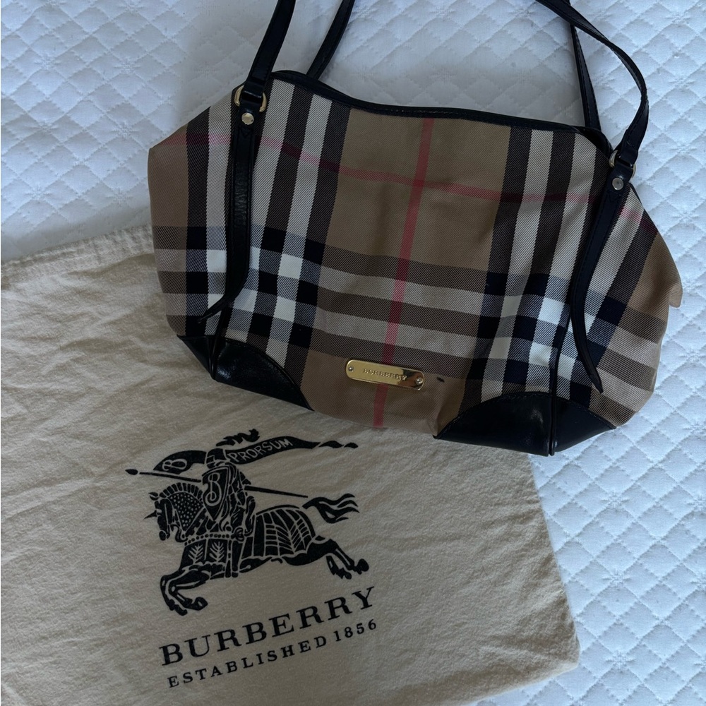 Burberry Tan and Black Tote Bag with Iconic Check Pattern